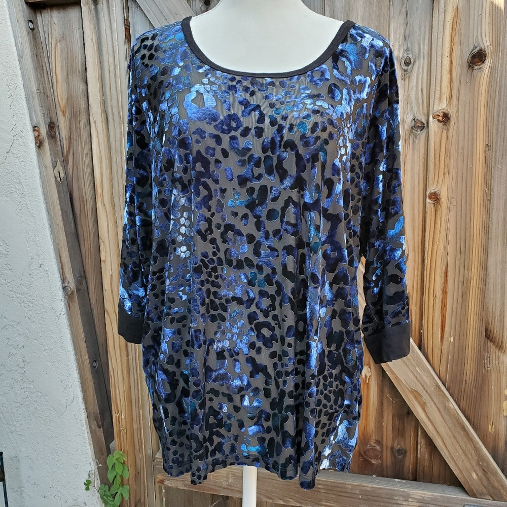 Burn-out blue & black velvet Karen Kane top 1X
